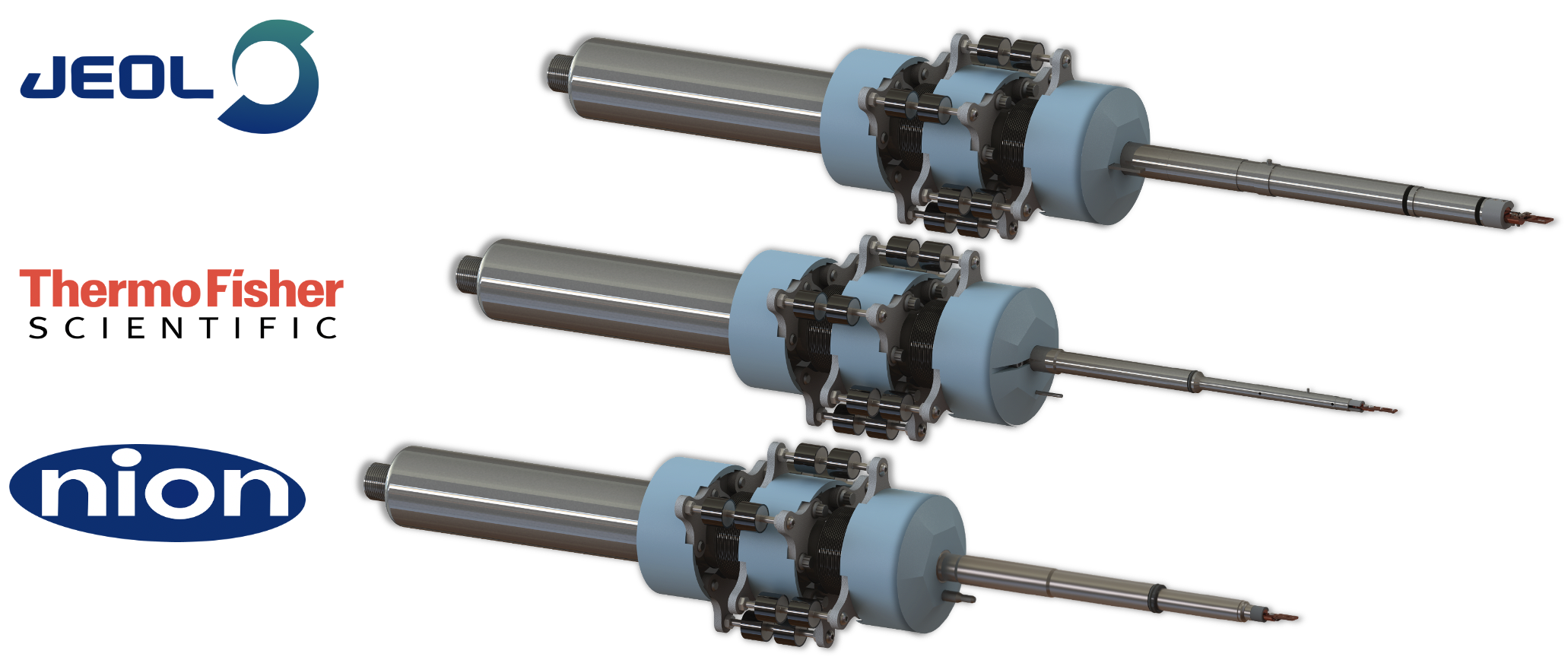 Holder compatibility illustration for JEOL, Thermo Fisher Scientific, and Nion microscopes